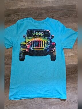 Jeep Aqua Tee with Multicolor Tie-Dye Jeep Graphic